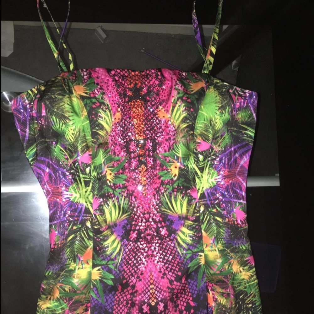 Genese London Tropical Satin Dress with colourful rhinestone detailing Small 4US